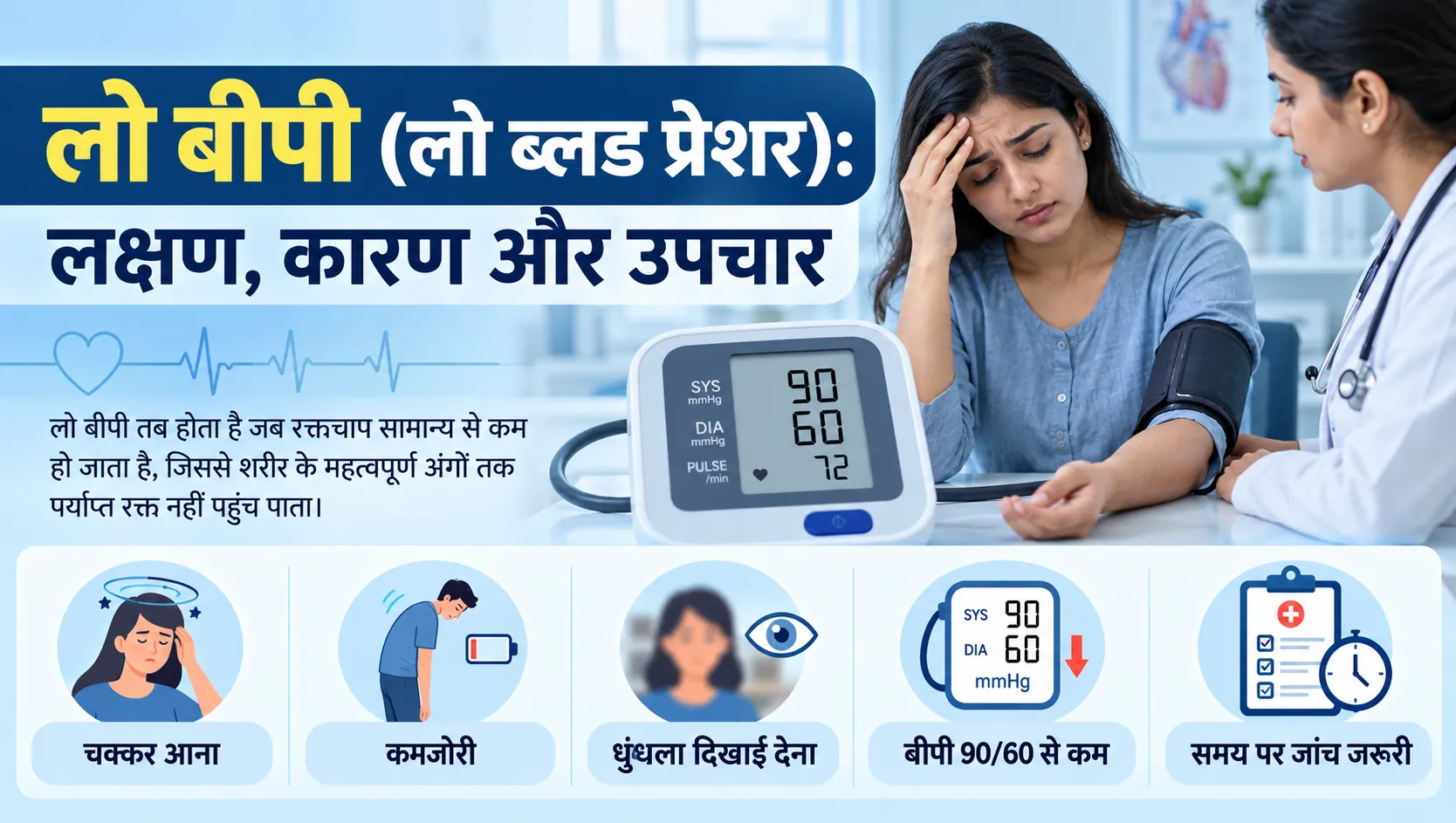 लो बीपी (लो ब्लड प्रेशर): लक्षण, कारण और उपचार